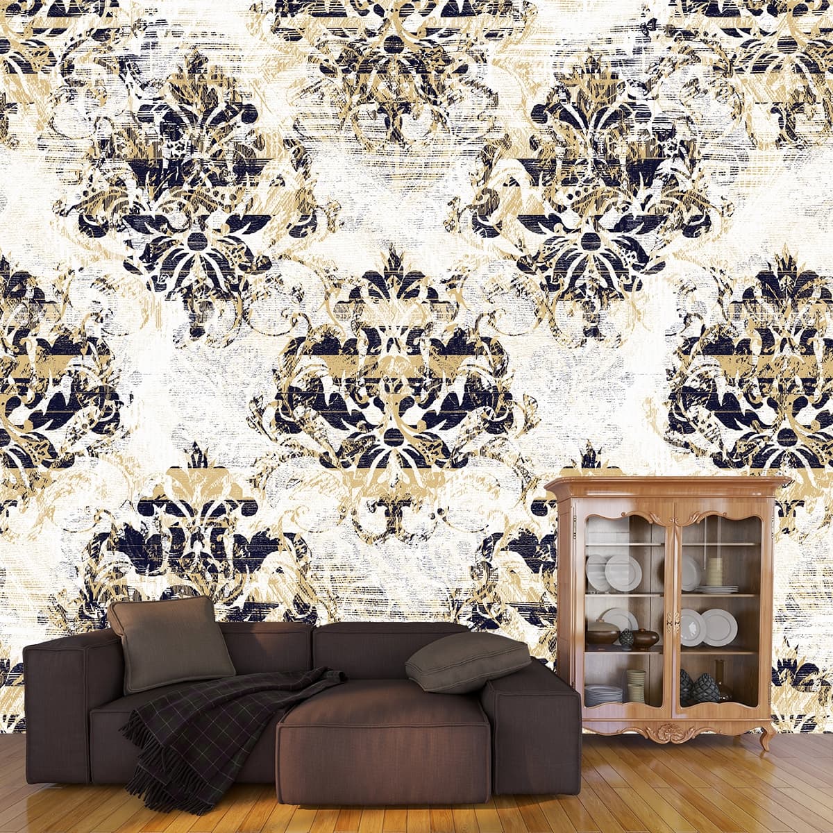 A pattern on a fabric shown in a room
