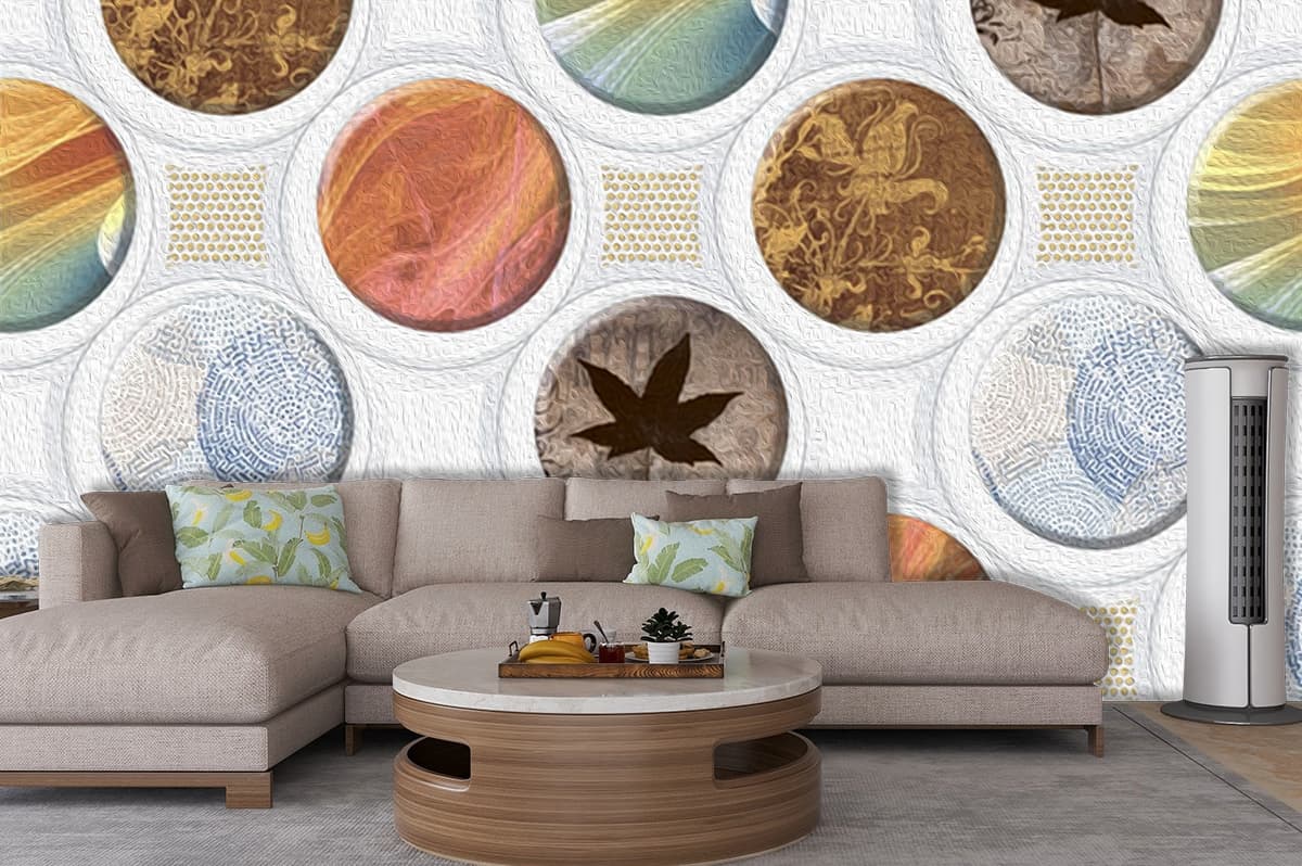 A pattern of circles with different colors and patterns shown in a room