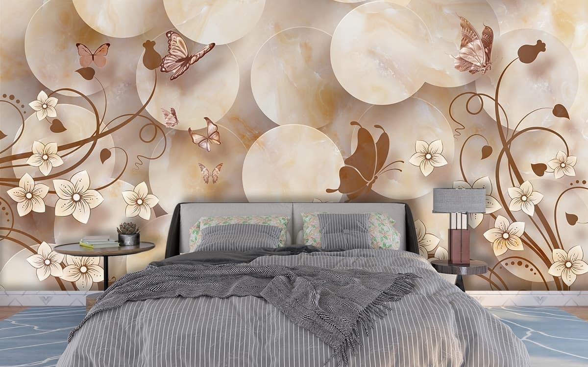 Elegant Butterflies with Abstract Circle Pattern Wallpaper shown in a room