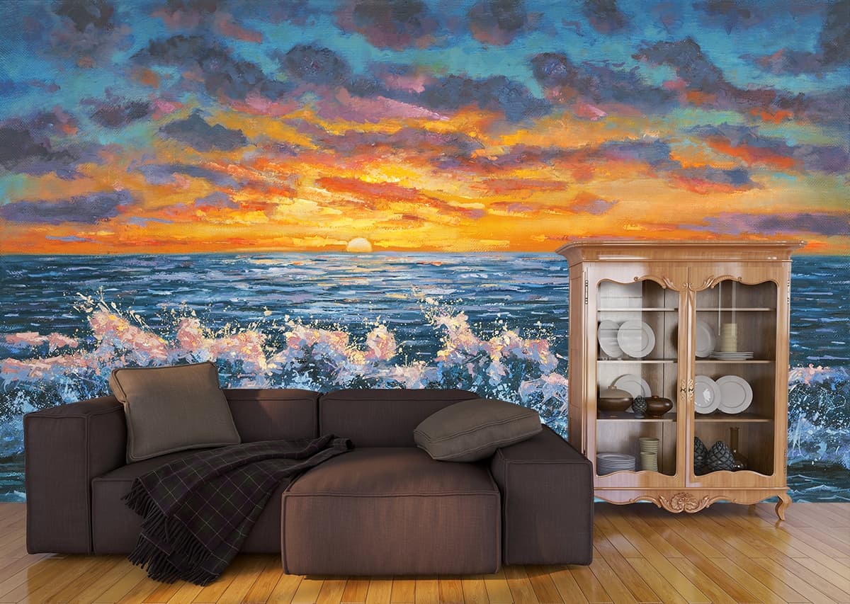 Ocean Waves Crashing on Beach Scenic Wallpaper shown in a room