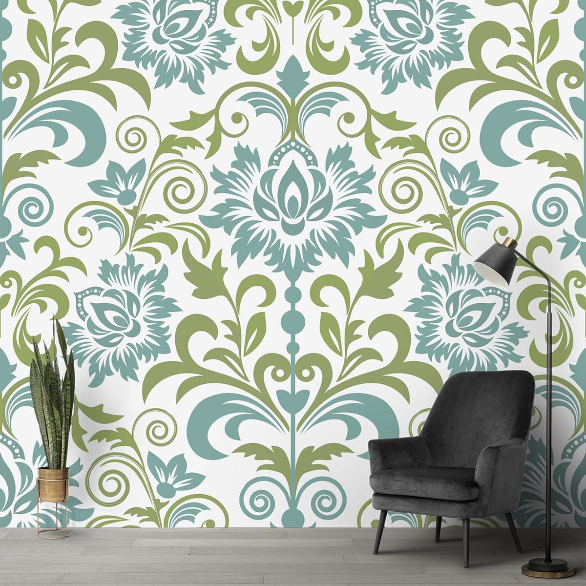Botanical Floral Pattern Wallpaper shown in a room