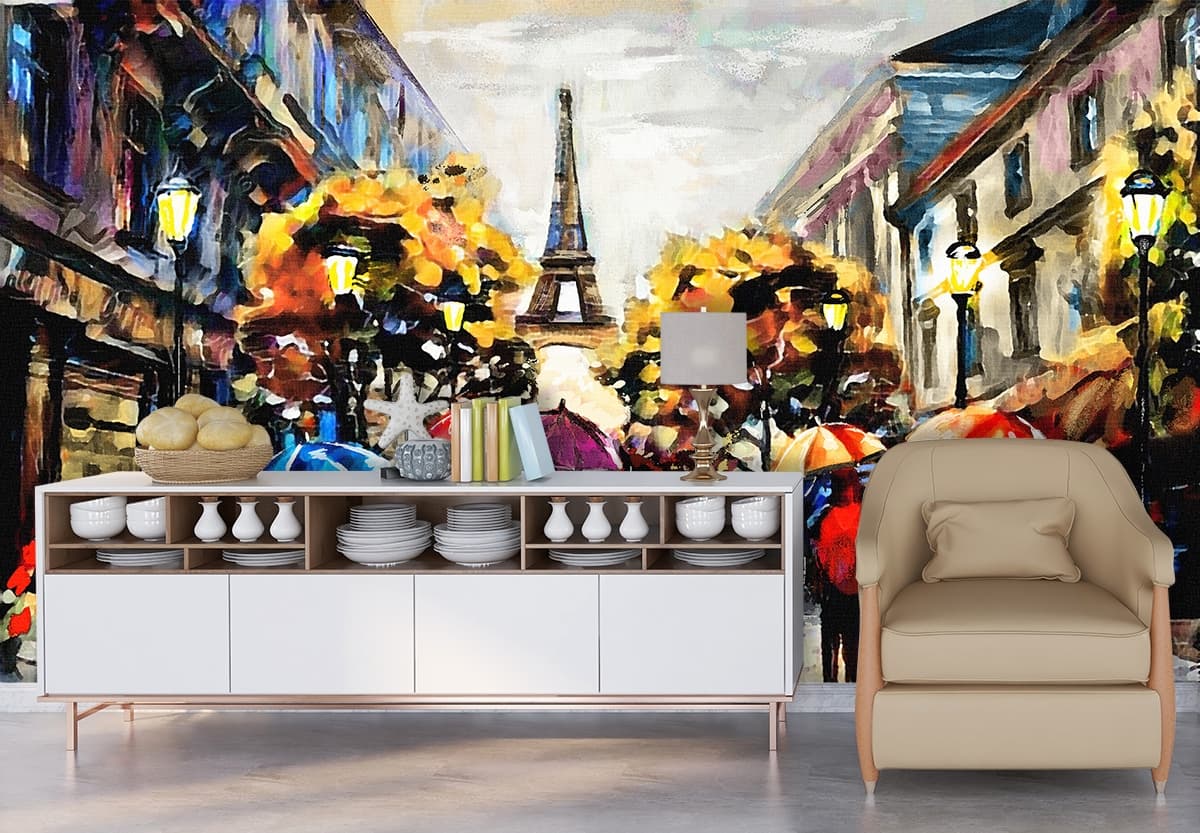 Elegant City Walk Scene Wall Mural Wallpaper shown in a room