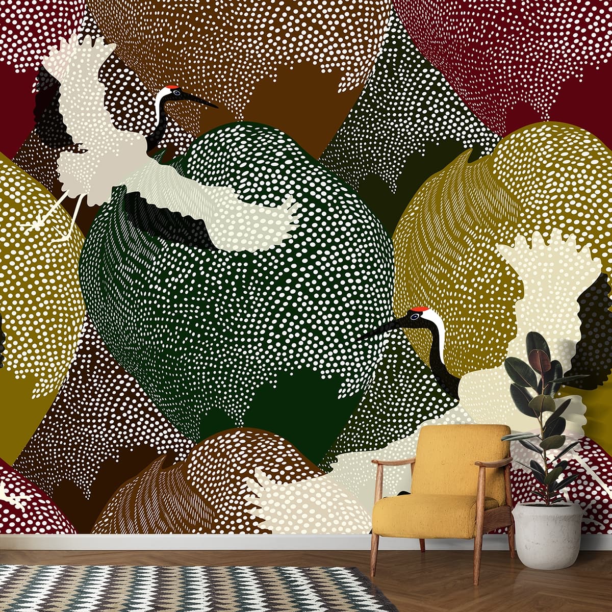 A pattern of birds with white dots shown in a room
