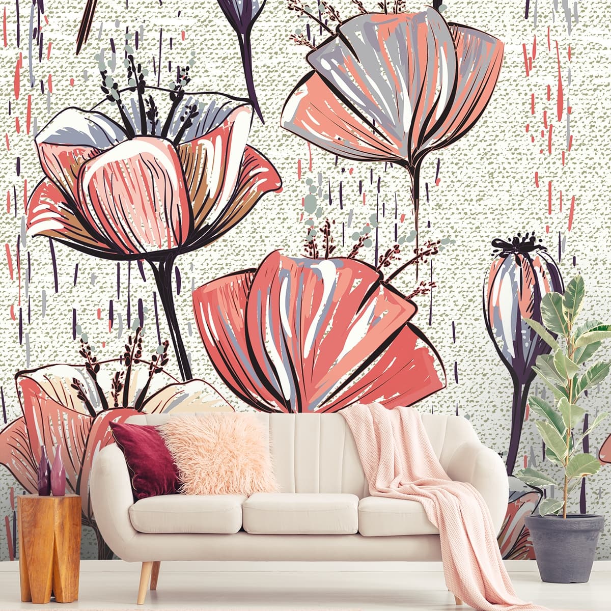 Colorful Tulips Flowers Wallpaper shown in a room