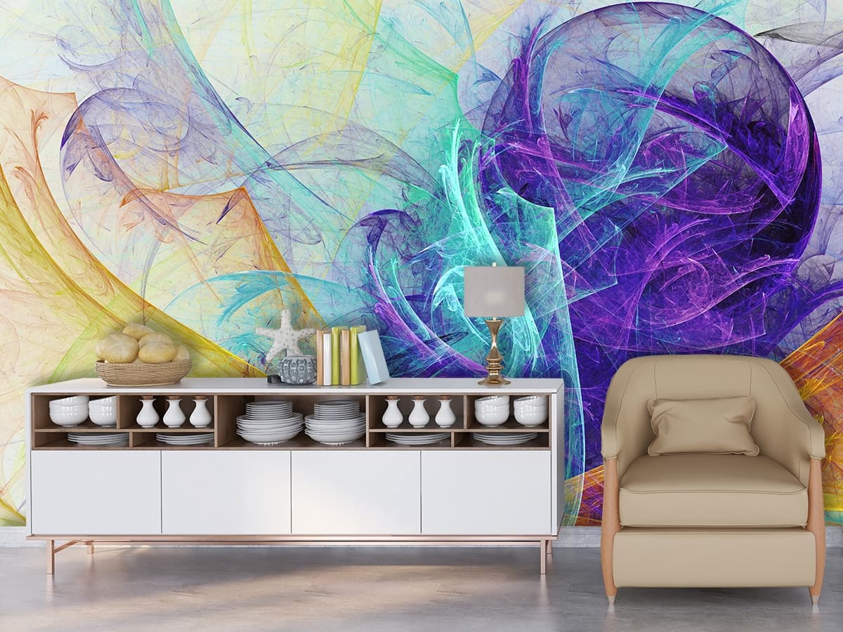 A colorful swirls on a white surface shown in a room