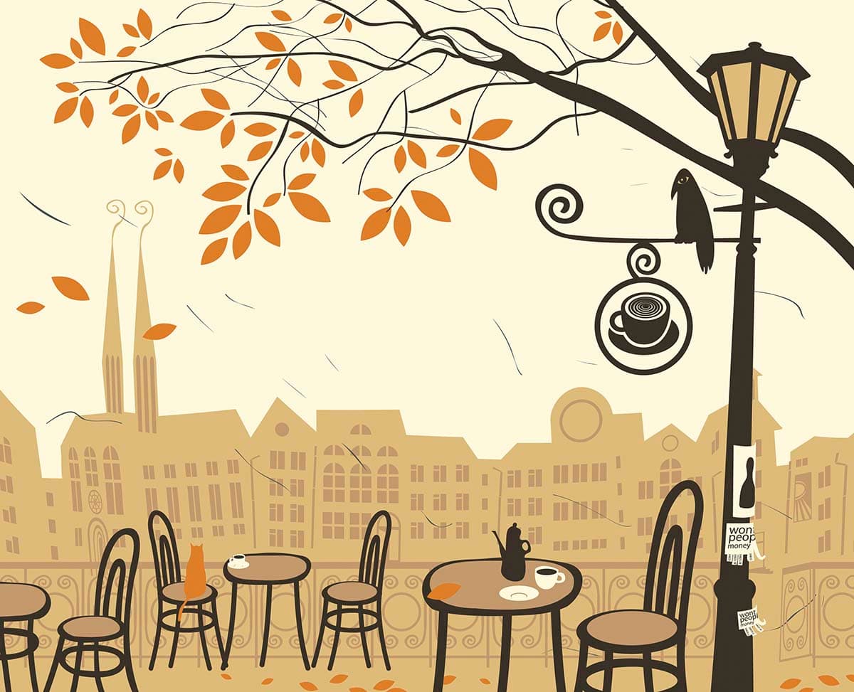 Aesthetic Outdoor Seating with Tree and Lamp Post Wallpaper pattern detail