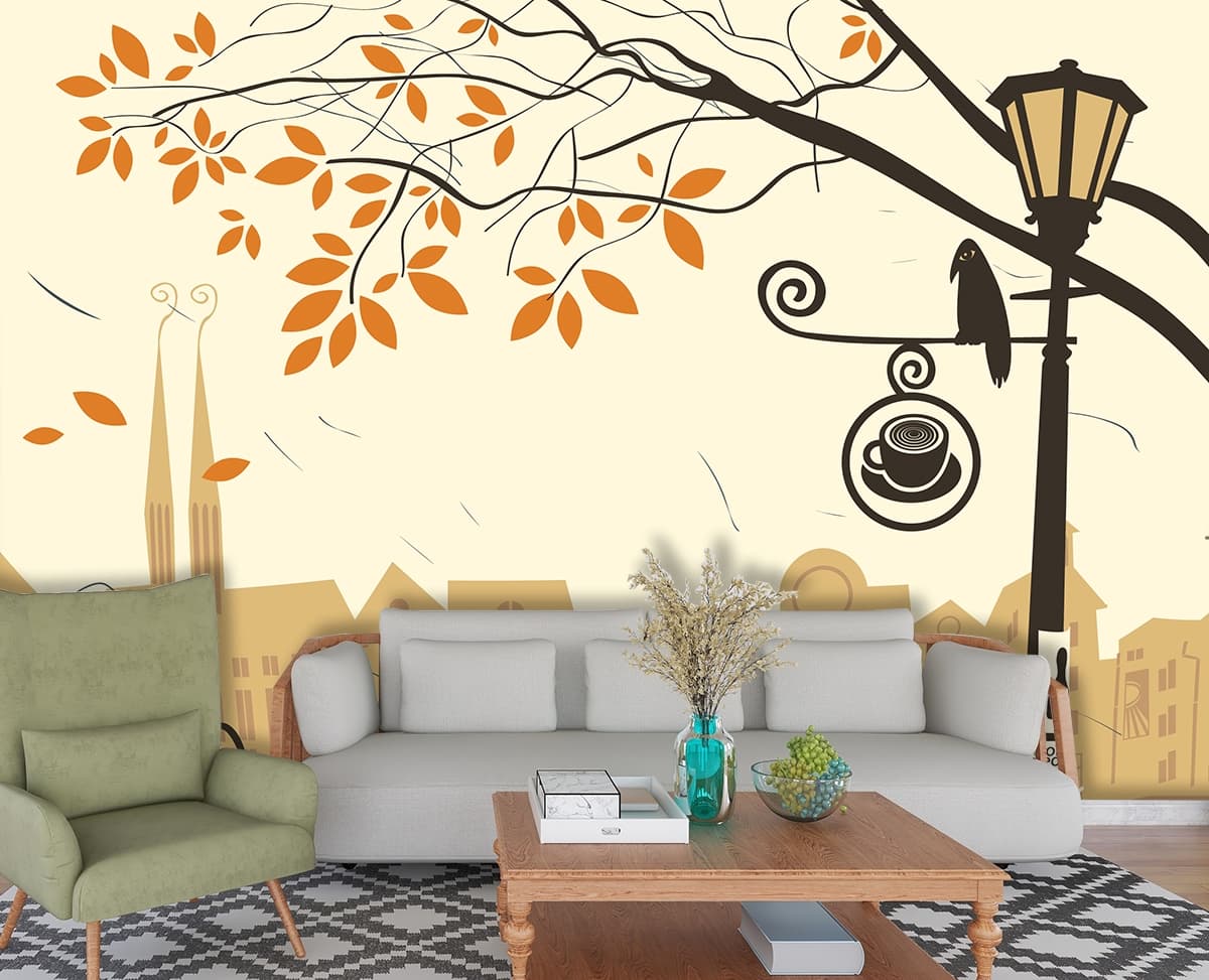 Aesthetic Outdoor Seating with Tree and Lamp Post Wallpaper shown in a room