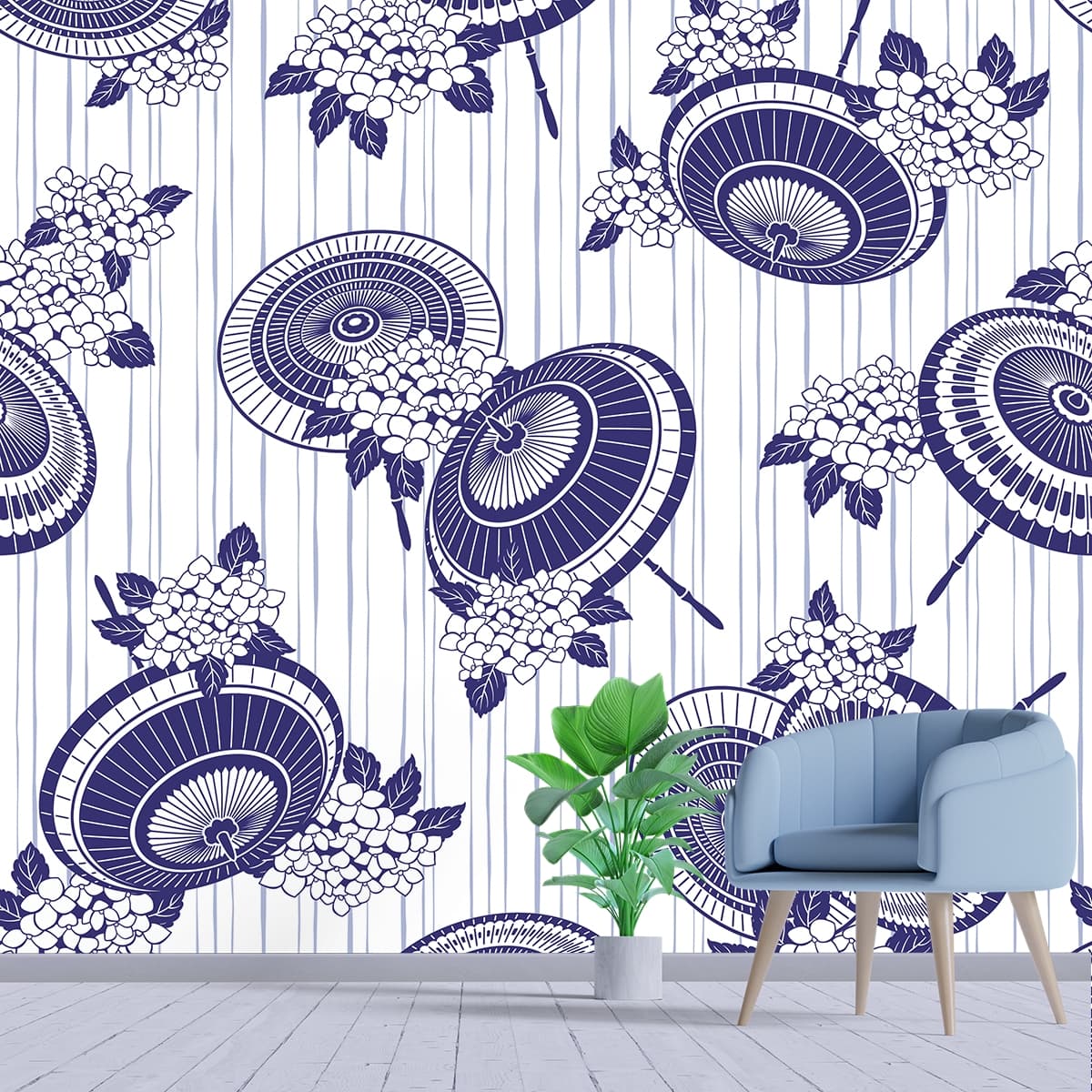 A pattern of umbrellas and flowers shown in a room