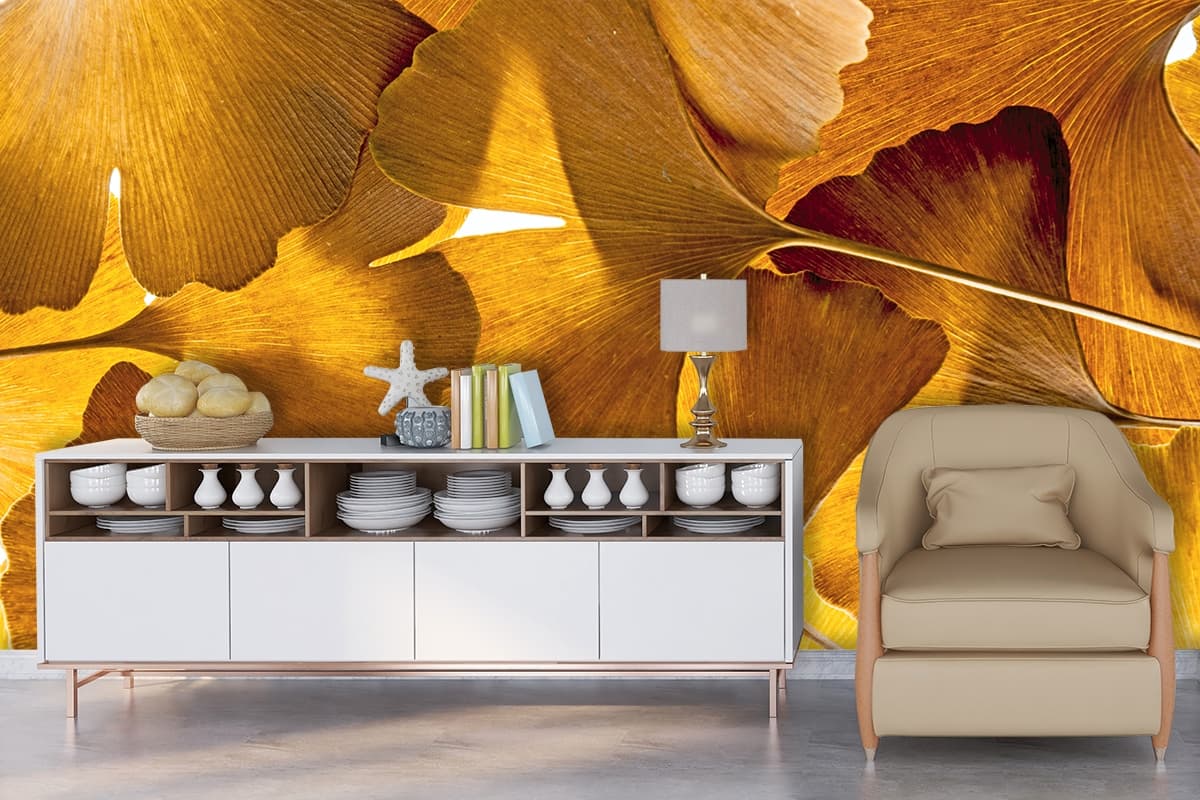 Detailed Leaf Texture Nature Close-Up wallpaper shown in a room