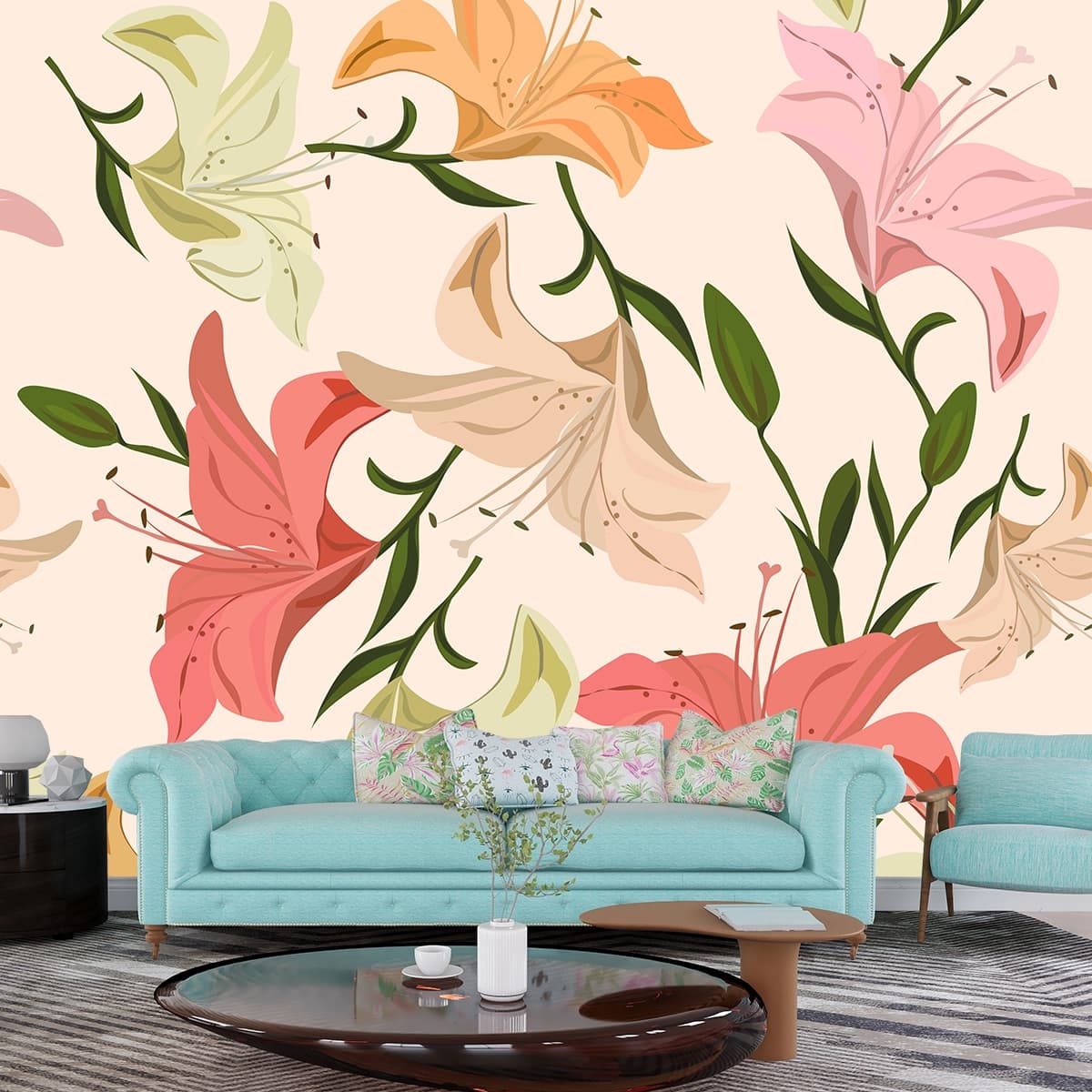 A pattern of flowers on a white background shown in a room