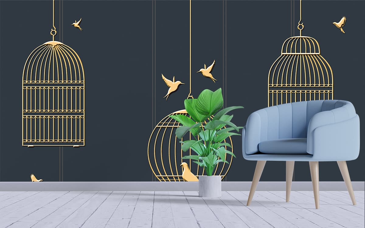 Stylish Bird Cage Floral Artwork wallpaper shown in a room