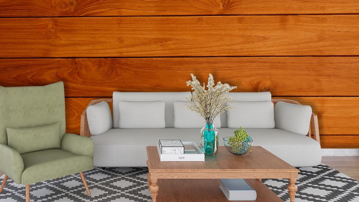 Natural Wood Plank Knots Texture Wall Design Wallpaper shown in a room