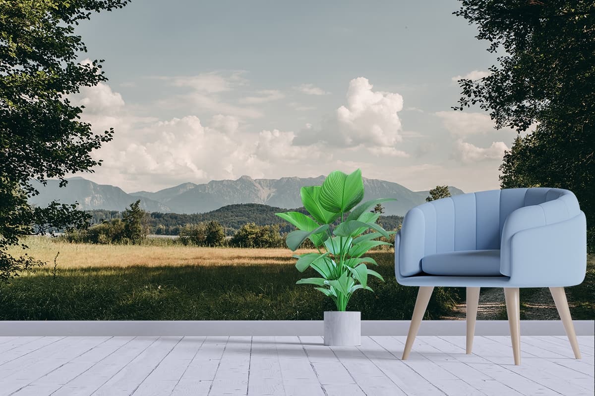 Nature Trail with Trees and Mountain View Wall Mural Wallpaper shown in a room