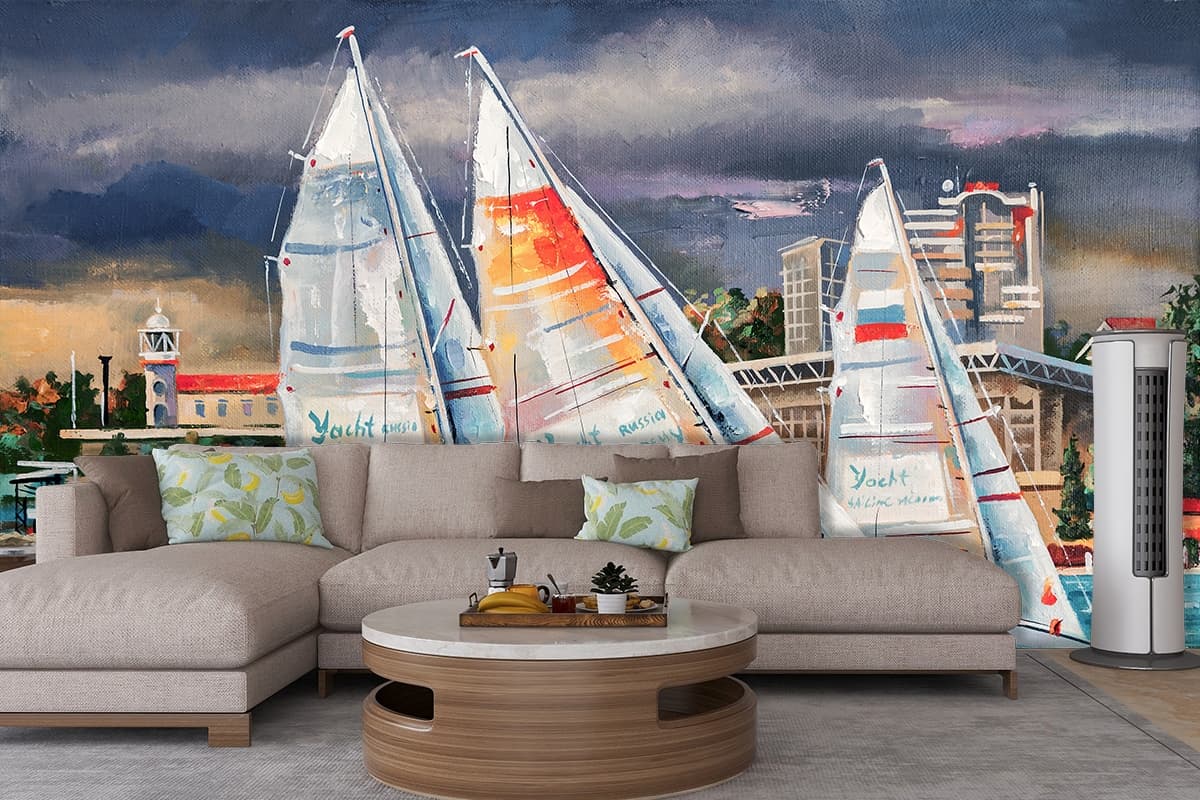 Peaceful Sailboats on Calm Blue Water Wallpaper shown in a room