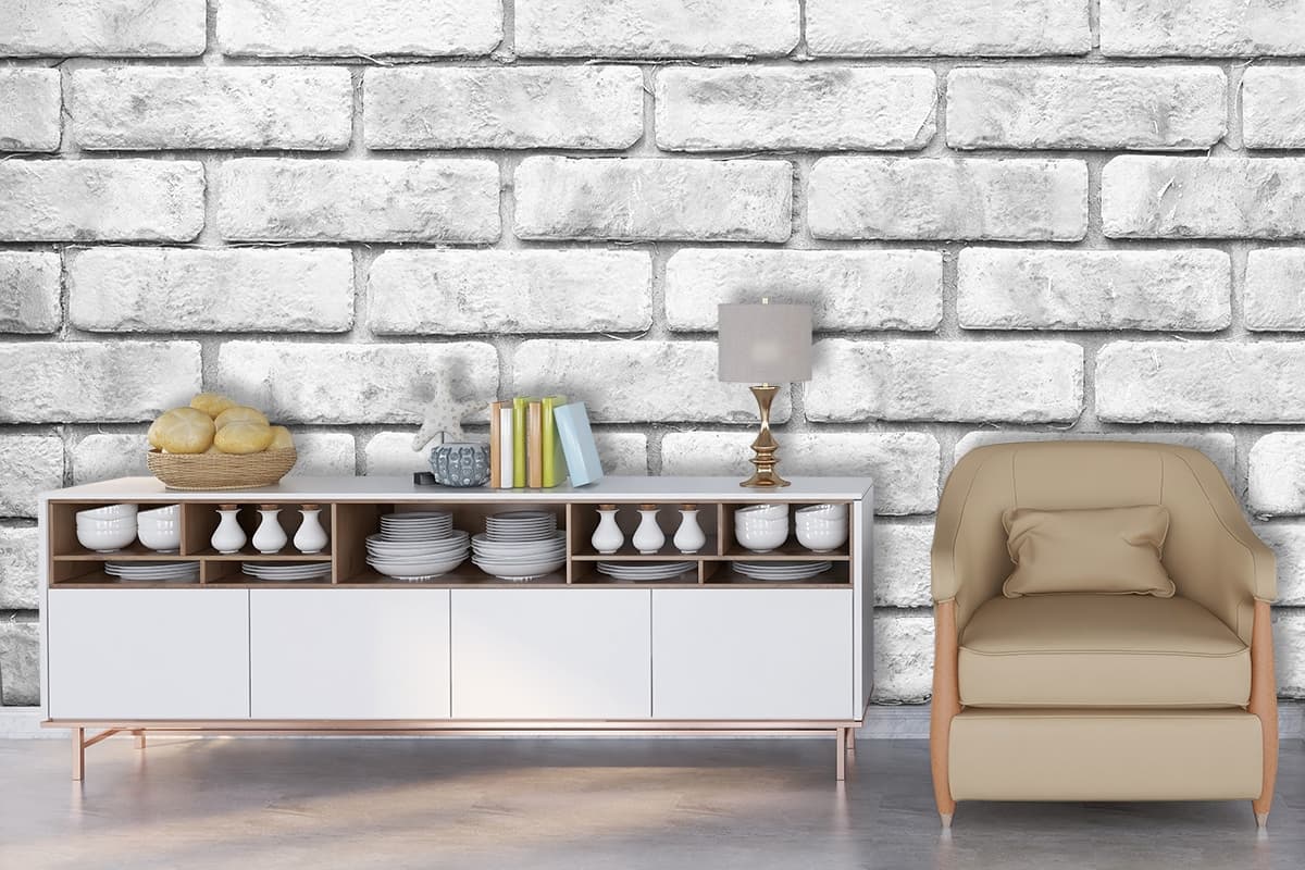 Aesthetic White Brick Wall Pattern Clean Wallpaper shown in a room