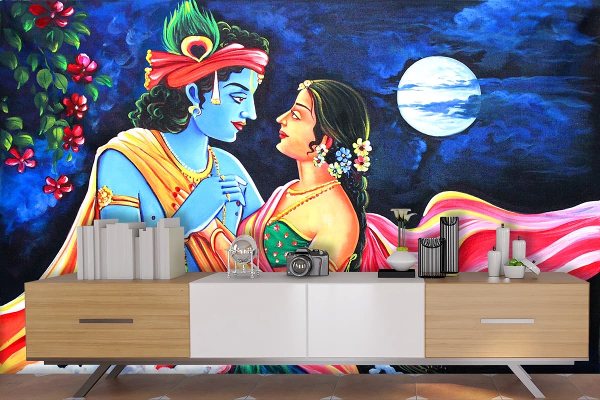 Radha Krishna and Celestial Moon Wallpaper shown in a room