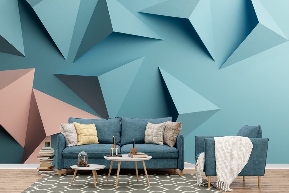 A group of triangles on a blue surface shown in a room