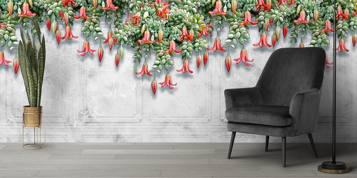 A Wall of Creeper Leaves a Flowers Wallpaper shown in a room