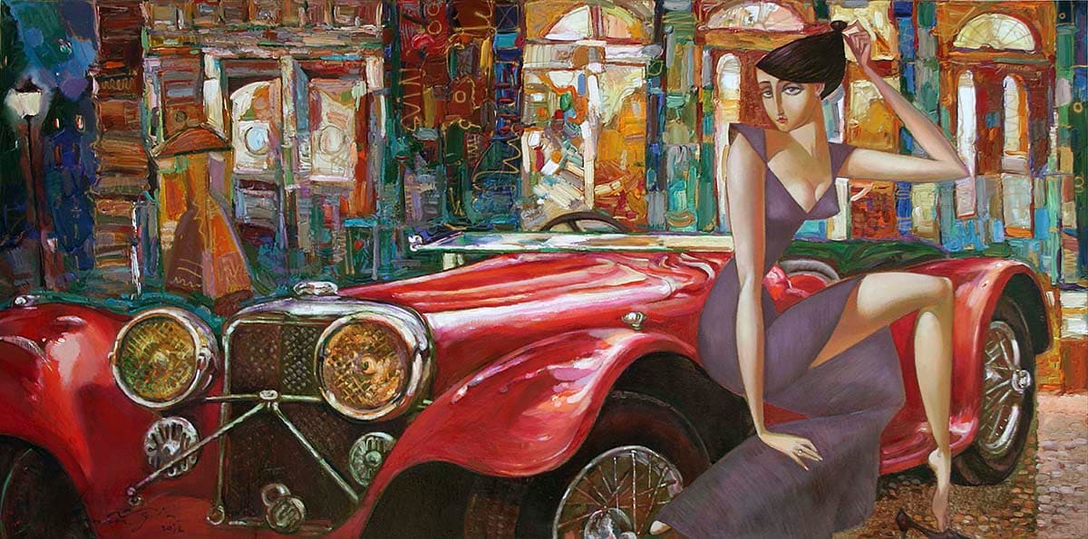 Stylish Woman Sitting on Red Car Modern Art Wallpaper pattern detail