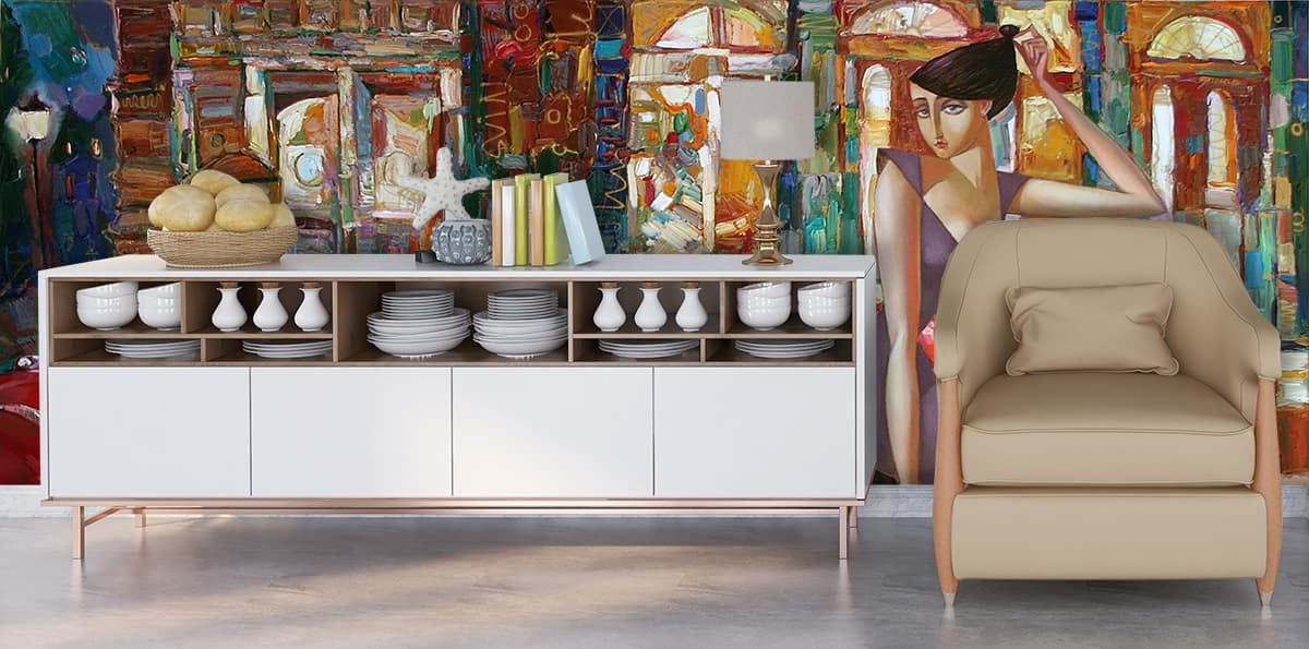 Stylish Woman Sitting on Red Car Modern Art Wallpaper shown in a room
