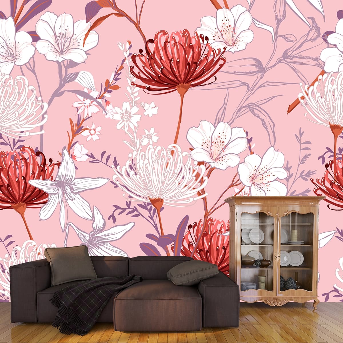 A pattern of flowers on a pink background shown in a room