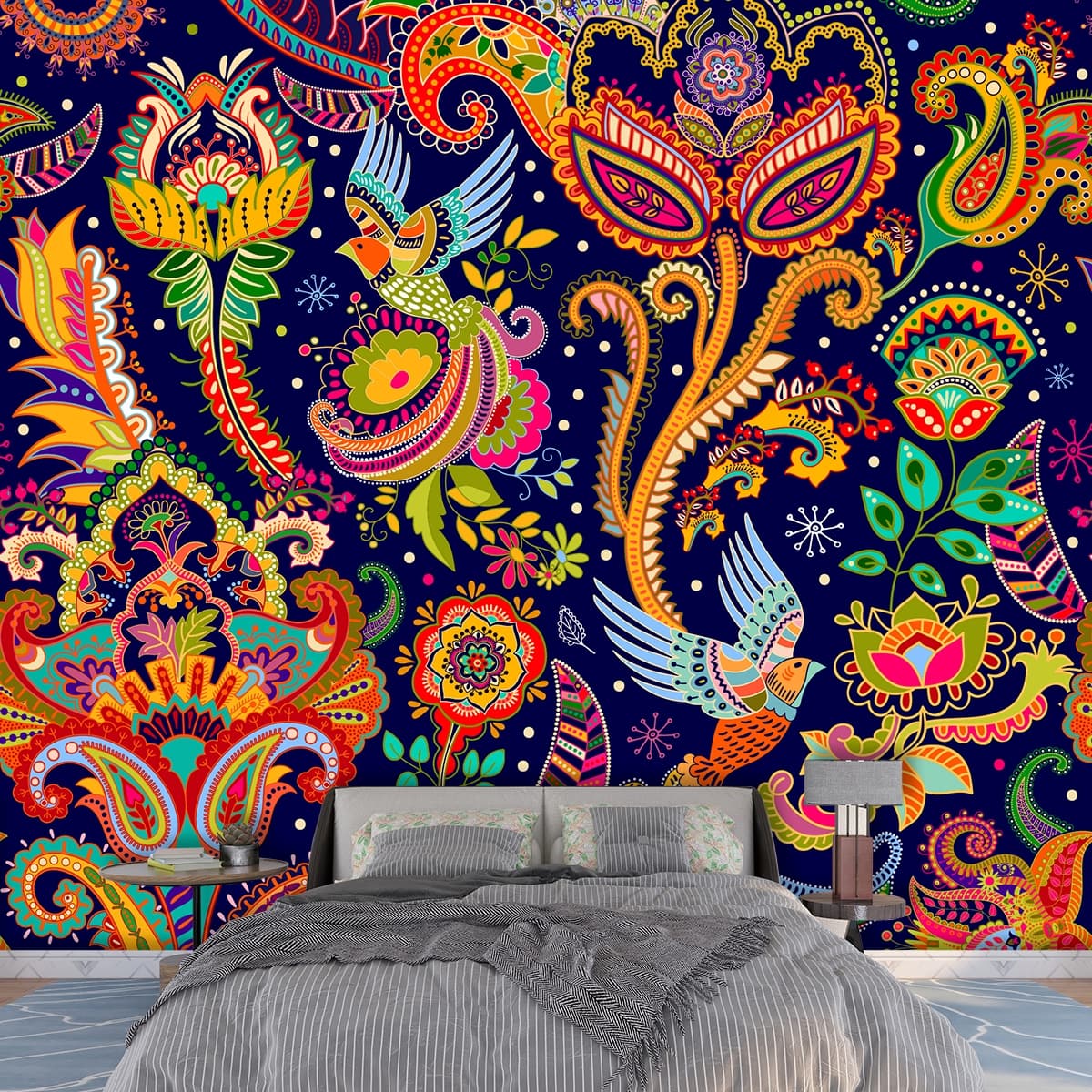 A colorful pattern on a blue background shown in a room
