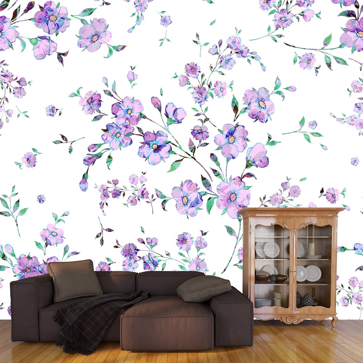 Aesthetic Purple Floral Pattern Wall Decor Wallpaper shown in a room