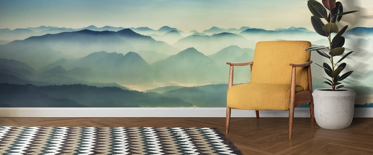 Mountain Wallpaper, Foggy landscape of mountains shown in a room