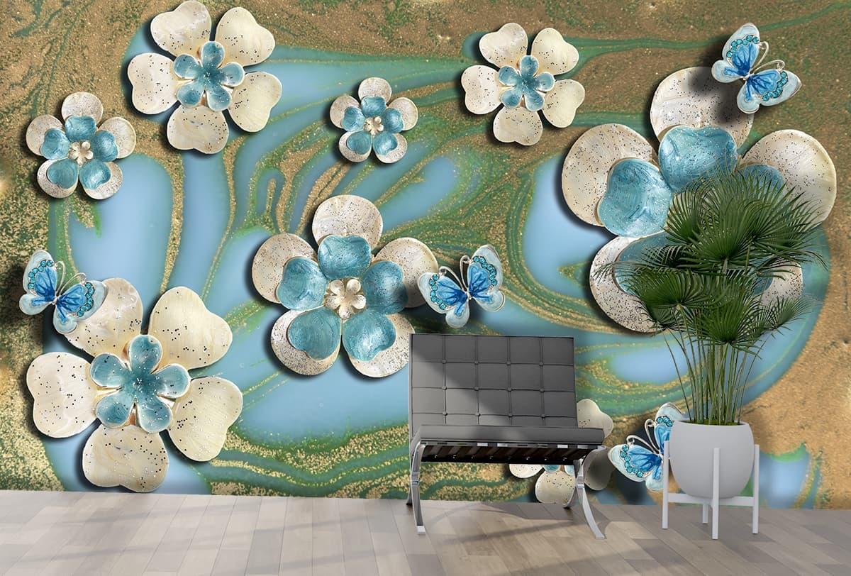 Blue and White Flowers and Butterflies Nature Inspired Wallpaper shown in a room