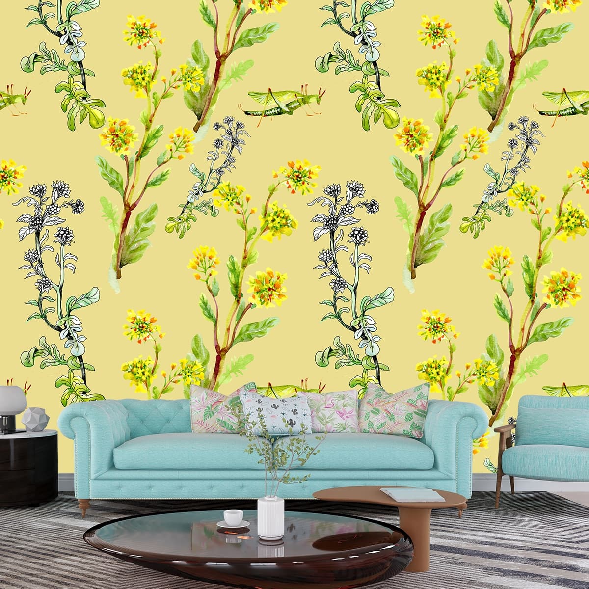 Aesthetic Flower and Leaf Design Wallpaper for Walls shown in a room