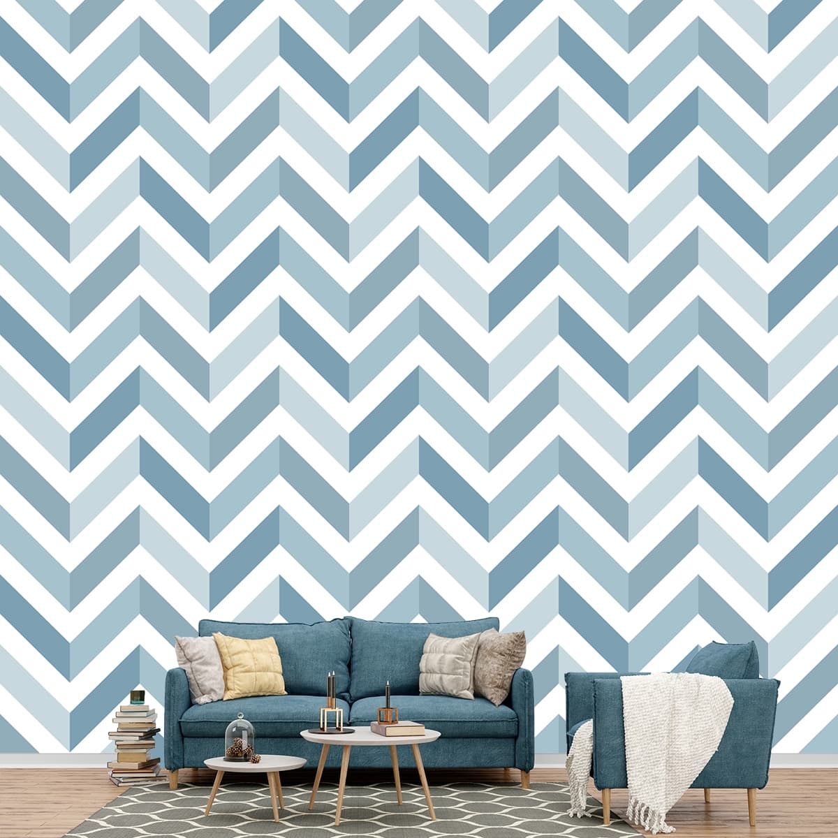 Blue and White Chevron Pattern Wallpaper shown in a room