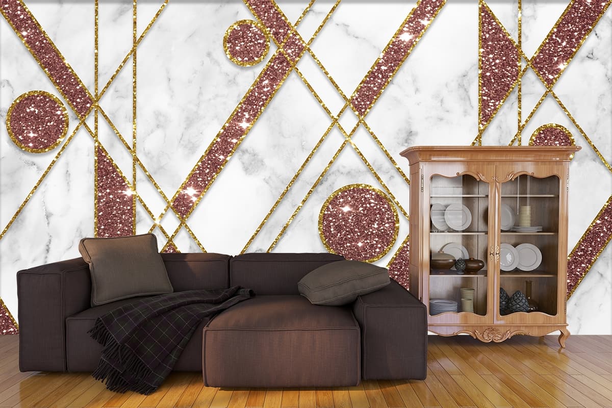 Luxury Pink and Gold Glitter Marble Texture Wallpaper shown in a room