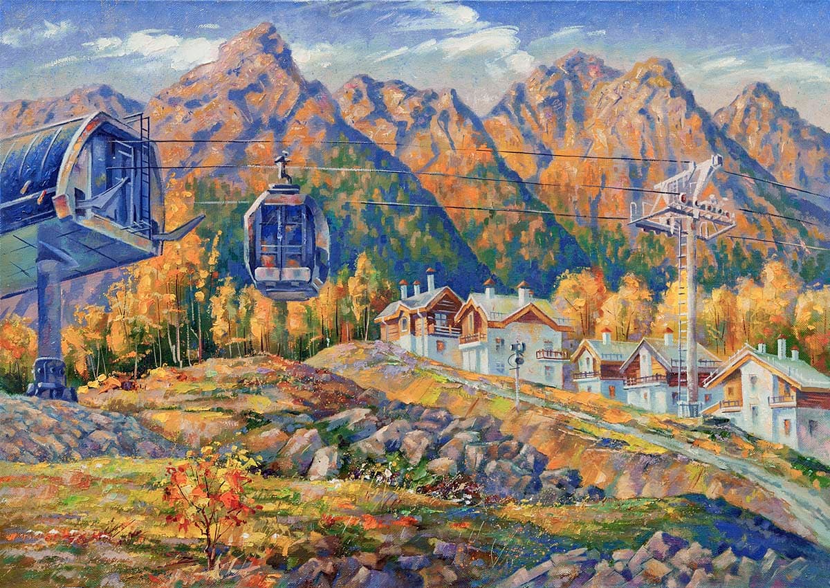 Gondolas in the Mountains Wallpaper pattern detail