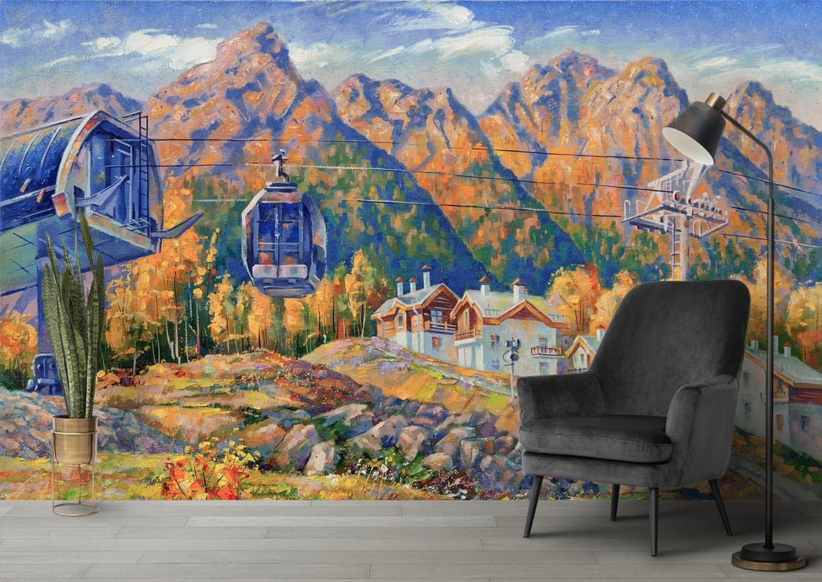 Gondolas in the Mountains Wallpaper shown in a room
