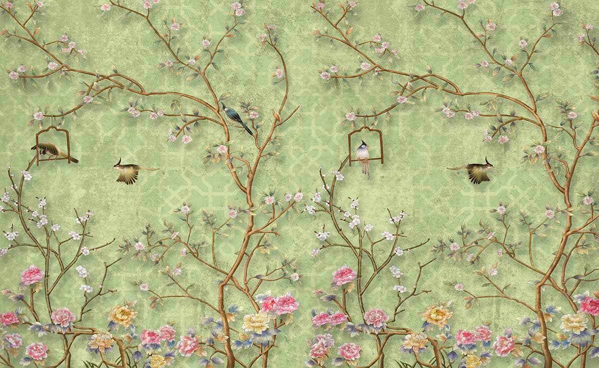 Birds and Flowers Pattern Nature Wall Mural Wallpaper pattern detail