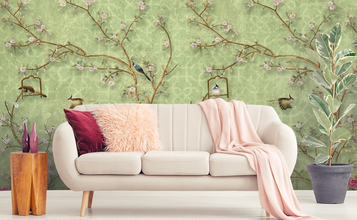 Birds and Flowers Pattern Nature Wall Mural Wallpaper shown in a room