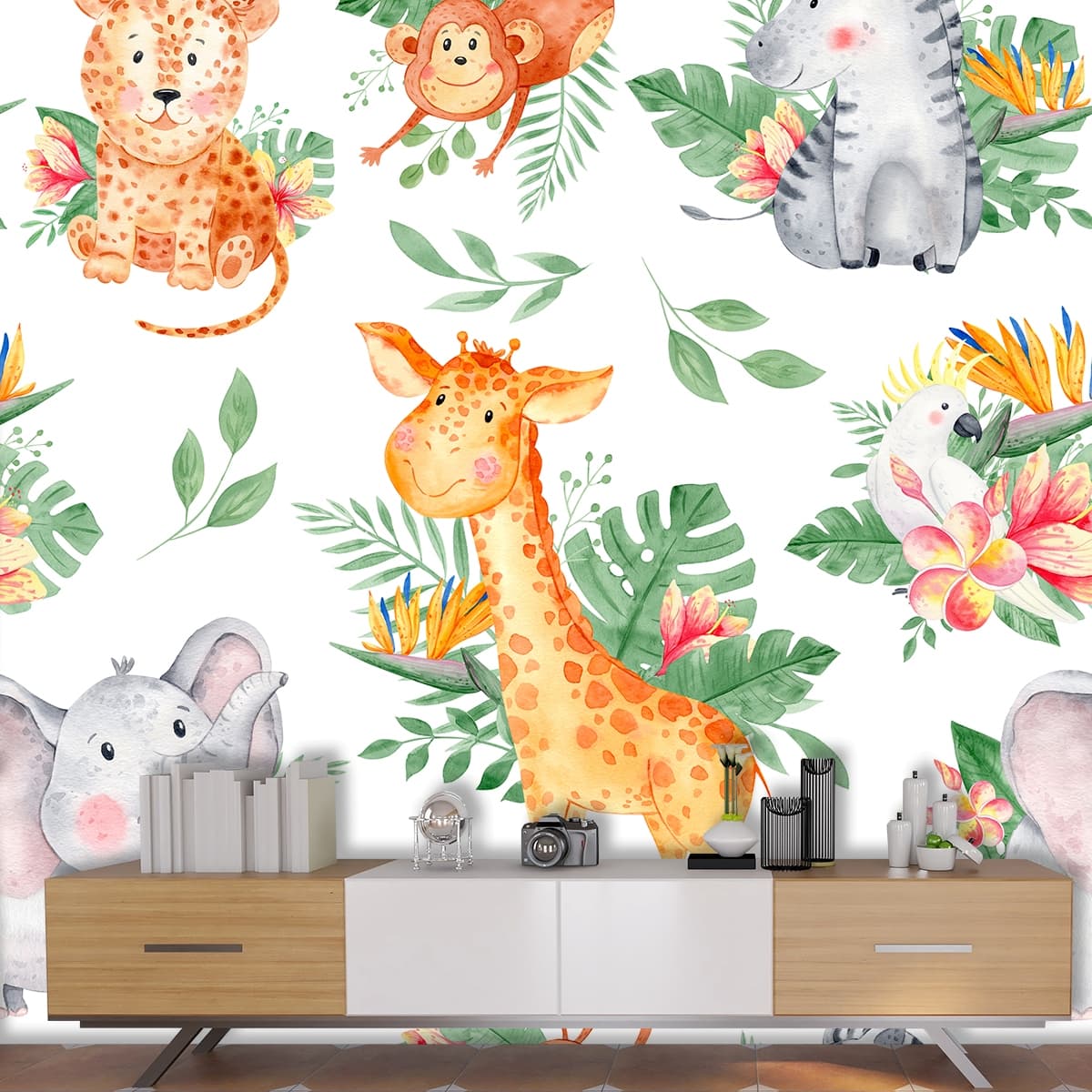 Watercolor Safari Friends Wallpaper shown in a room