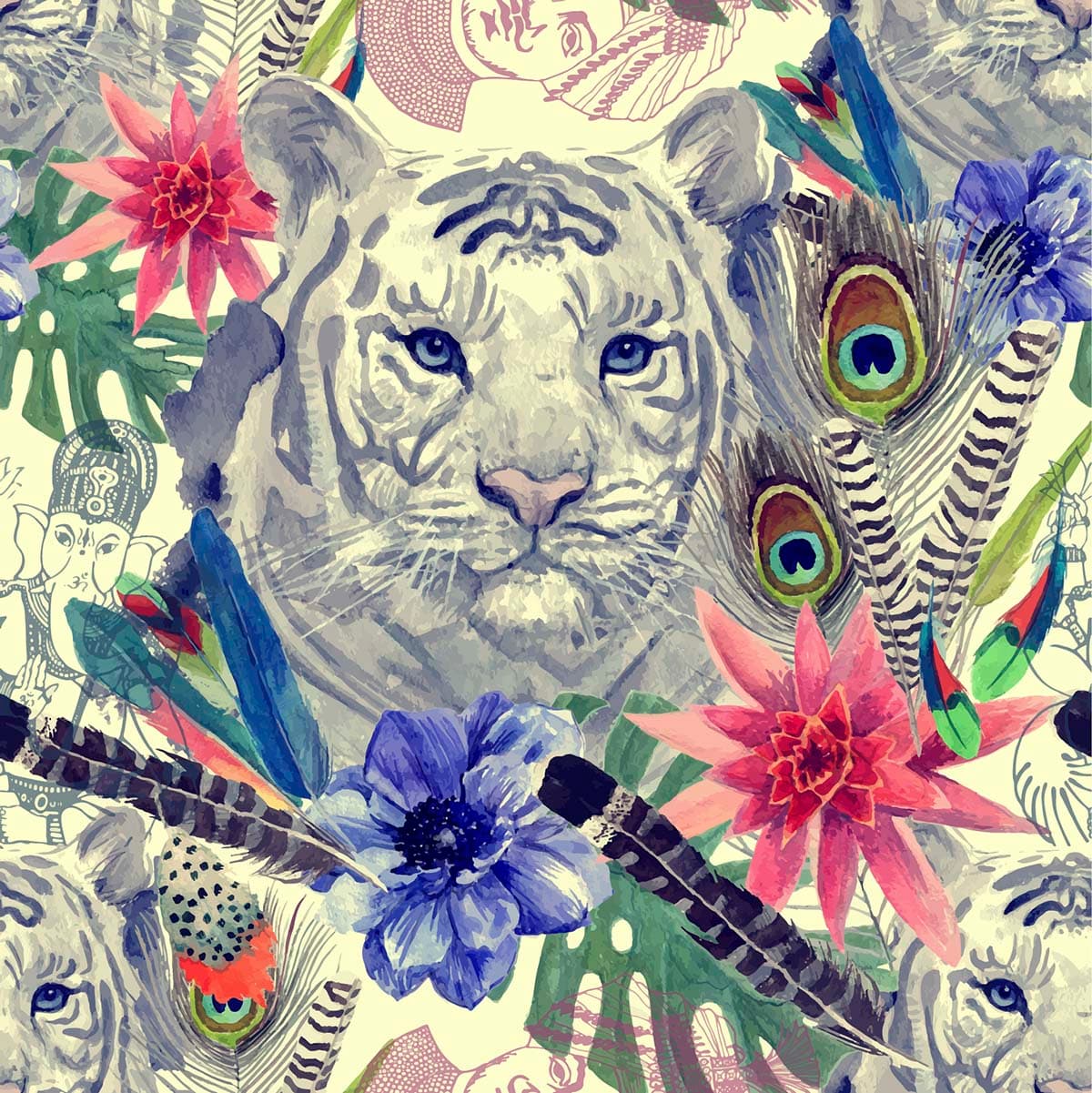 A white tiger with flowers and feathers pattern detail