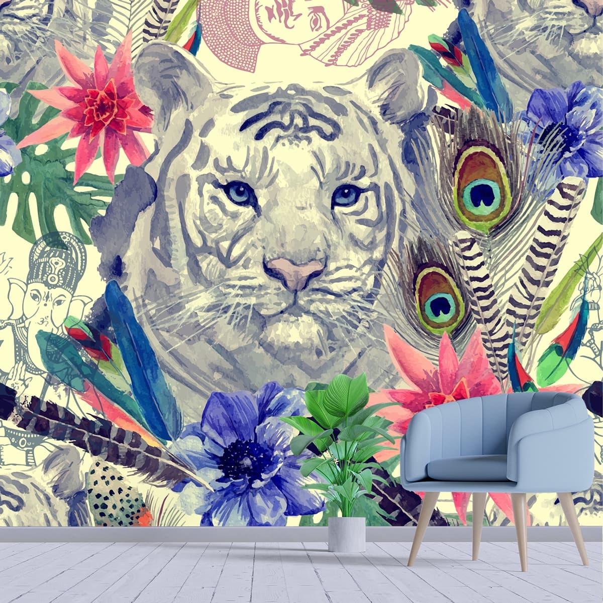 A white tiger with flowers and feathers shown in a room