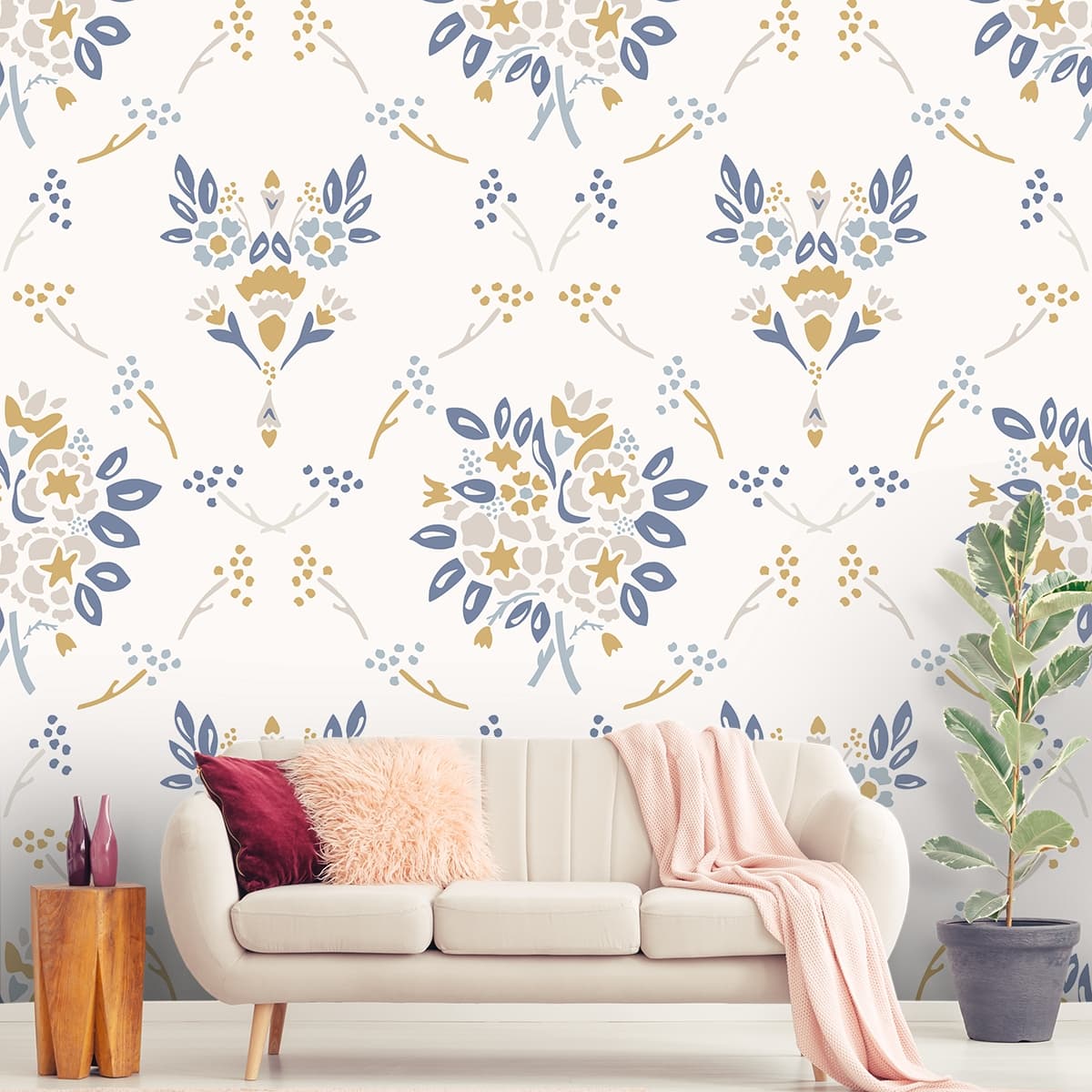 Floral and Leaf Pattern Botanical Wall Mural Wallpaper shown in a room