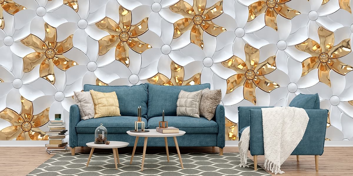 White and Gold Luxurious Flower Wallpaper shown in a room