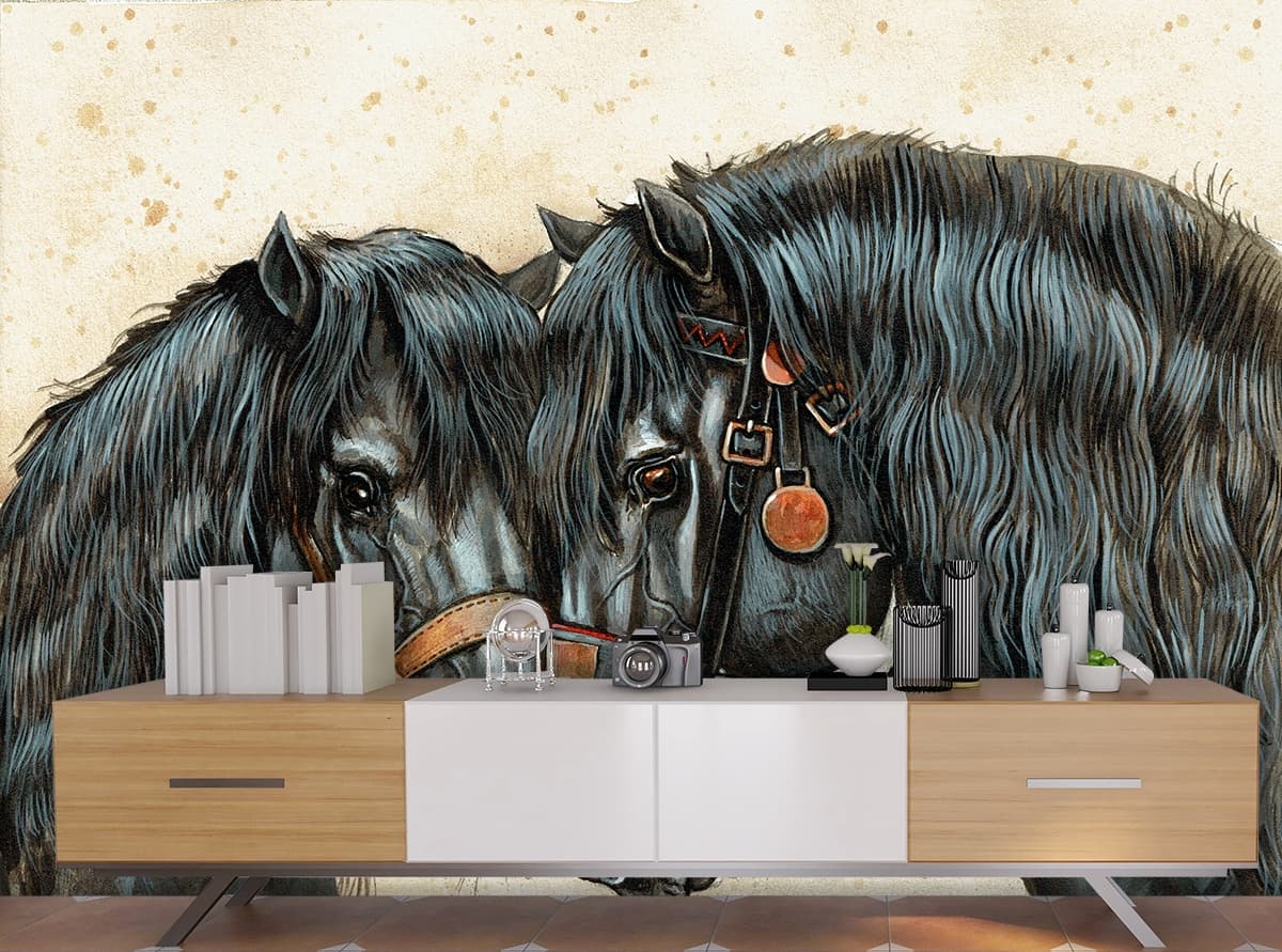 Black Horses Wallpaper shown in a room