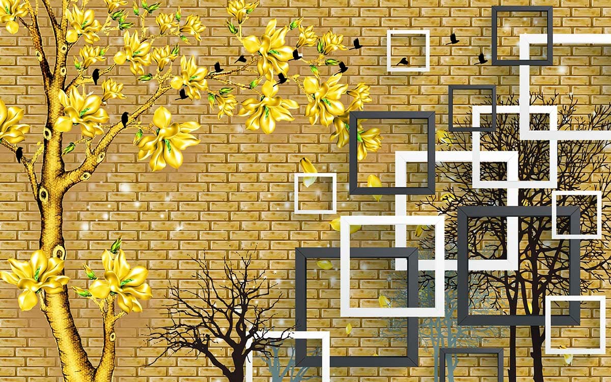A Wallpaper of Wall of a Tree and Birds with Square Patterns pattern detail