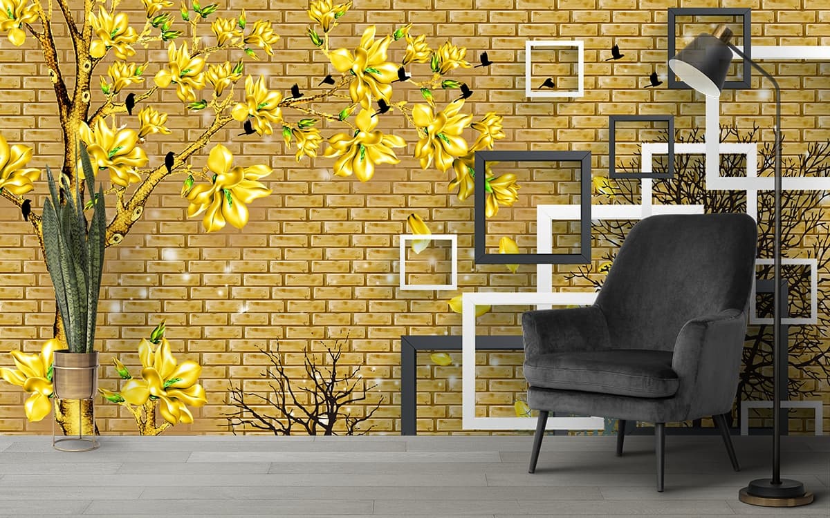 A Wallpaper of Wall of a Tree and Birds with Square Patterns shown in a room