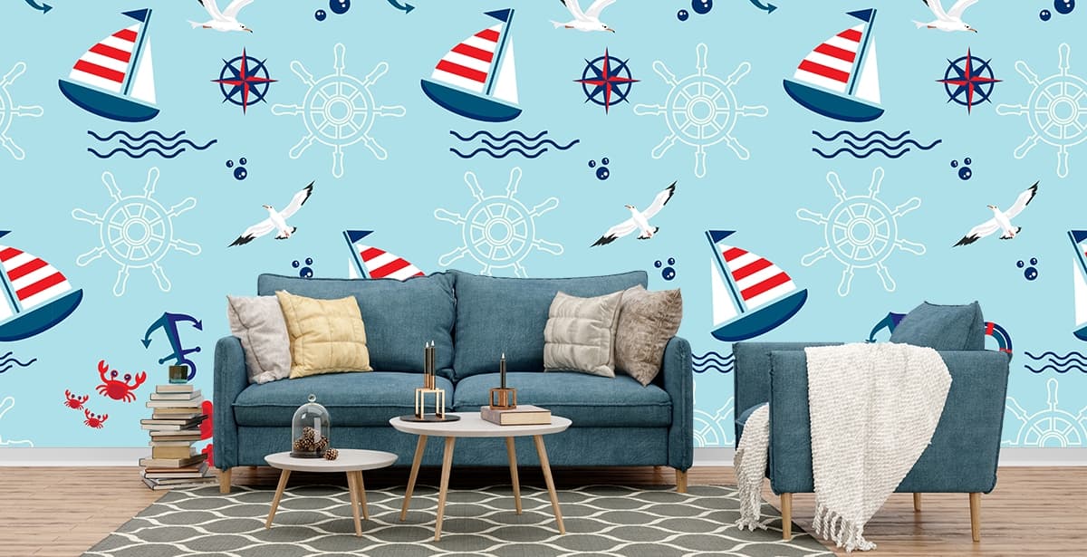 Nautical Sailboat Kids Wallpaper shown in a room