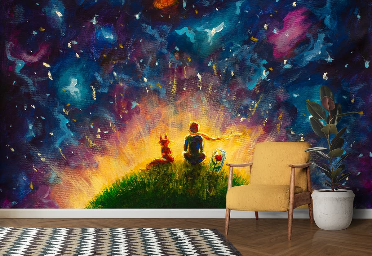 Starfall Night Boy and Dog Fantasy View Wallpaper shown in a room