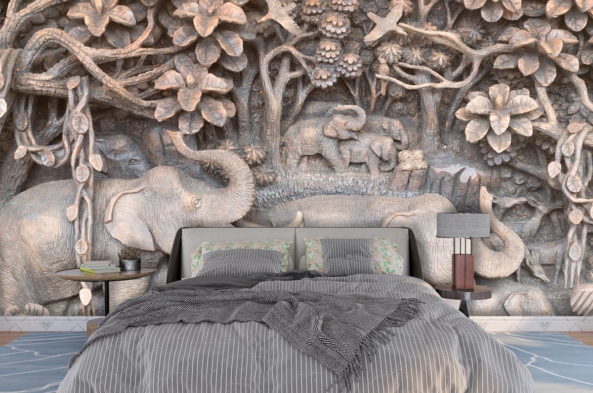 Modern 3D Jungle Elephant Carving Wallpaper shown in a room