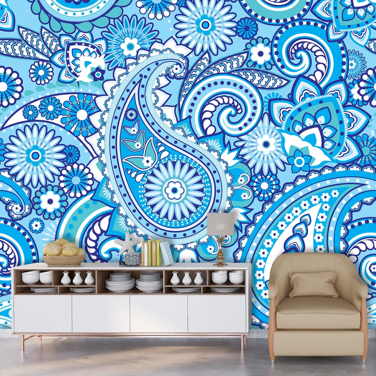 Blue and White Paisley Pattern Wallpaper for Walls shown in a room