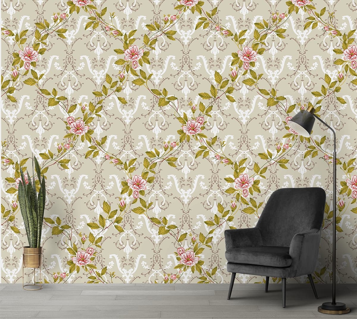 A Seamless Pattern of Green Creepers shown in a room