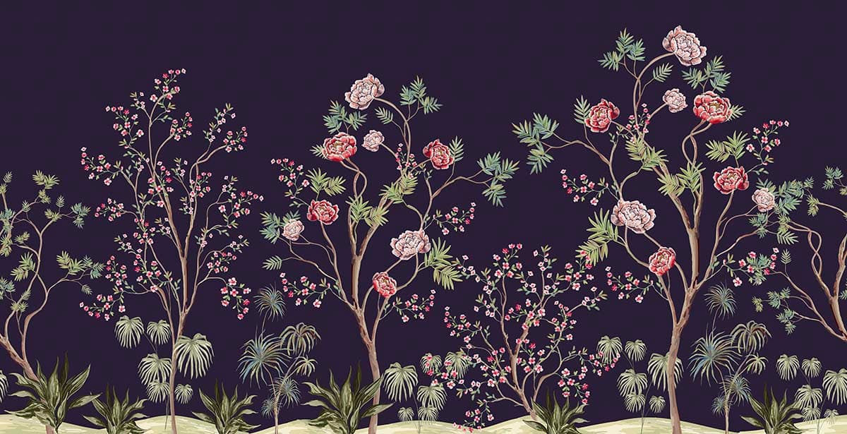 Purple Chinoiserie Wallpaper with Flowers pattern detail